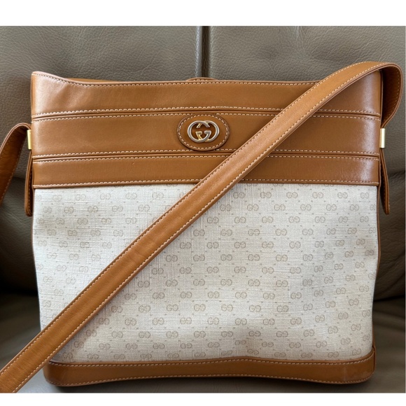 Gucci Handbags - Authenticated Vintage Gucci Micro GG Canvas Tan Leather Crossbody Bag, COA
